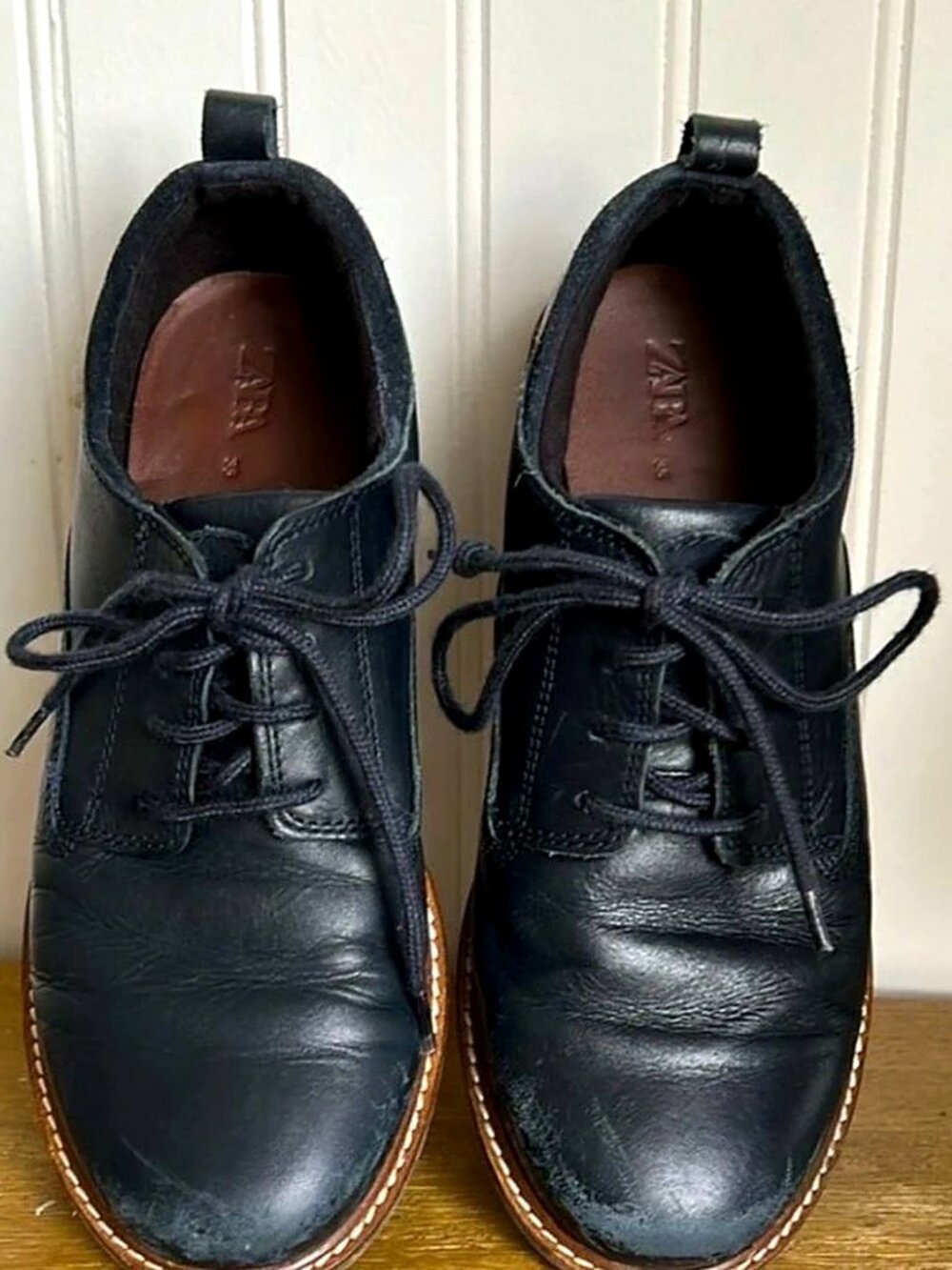 Zara Kids Leather Lace Up Derby Shoes EU 35 US 3.5 Black Lug Sole Oxford Boys